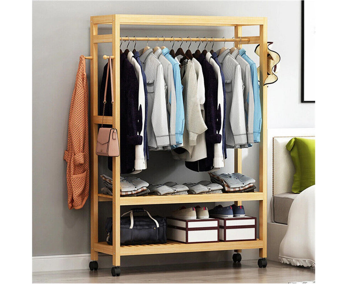 Rolling 3-Tier Bamboo Garment Rack – 78 × 41 × 169cm