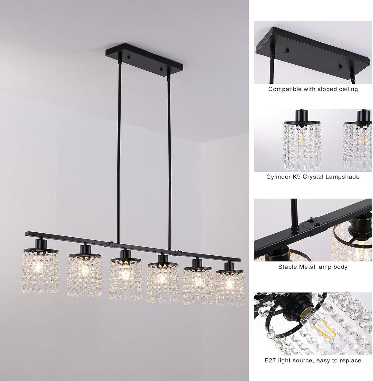 6-Light Farmhouse Kitchen Island Lighting, 48in Crystal Pendant Light Fixture, Vintage Black Linear Chandelier with Crystal Shade for Dining Room Living Room (E27 Bulbs, Not Included)