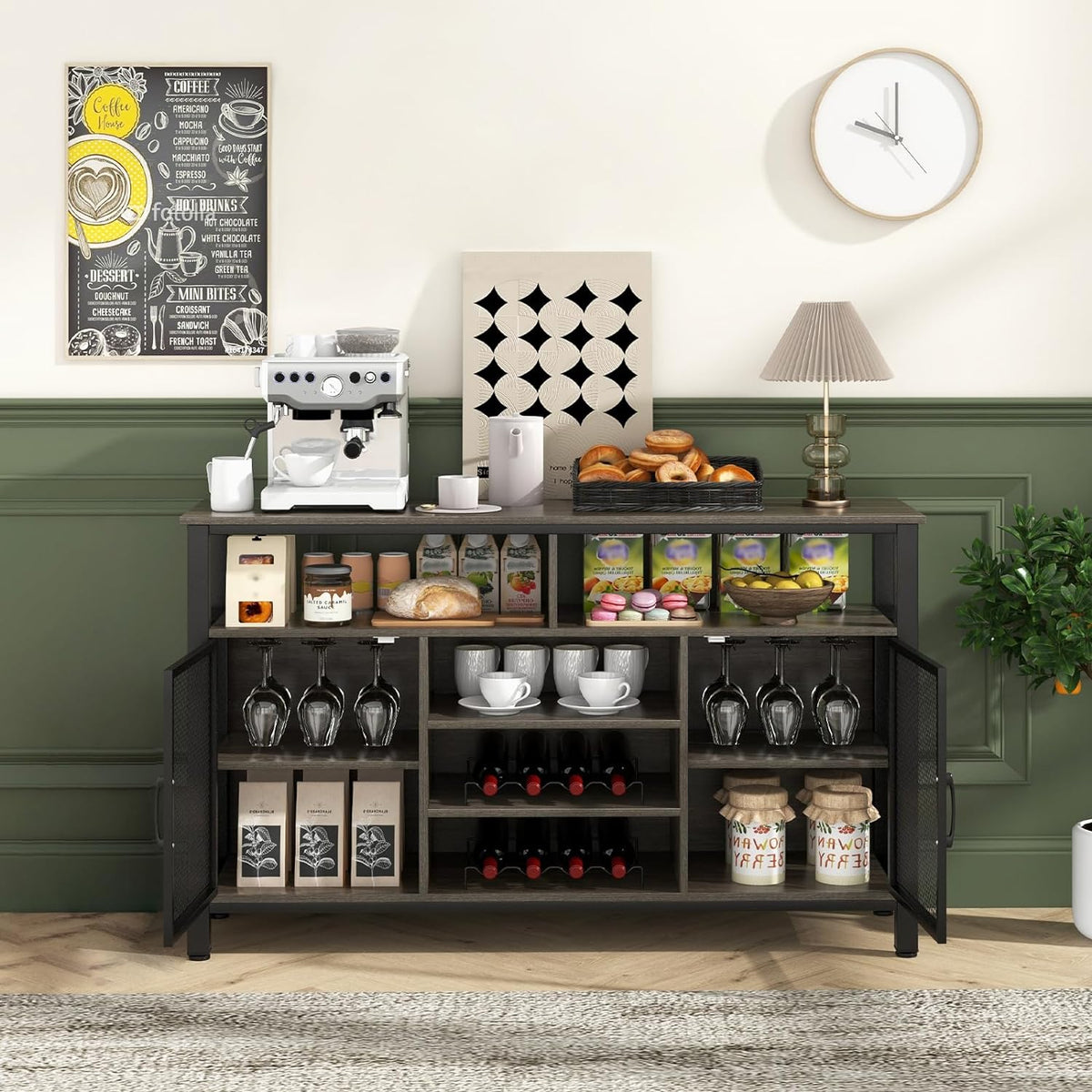 140 cm Rustic Wine Bar Cabinet with 8-Bottle Rack & Glass Holders