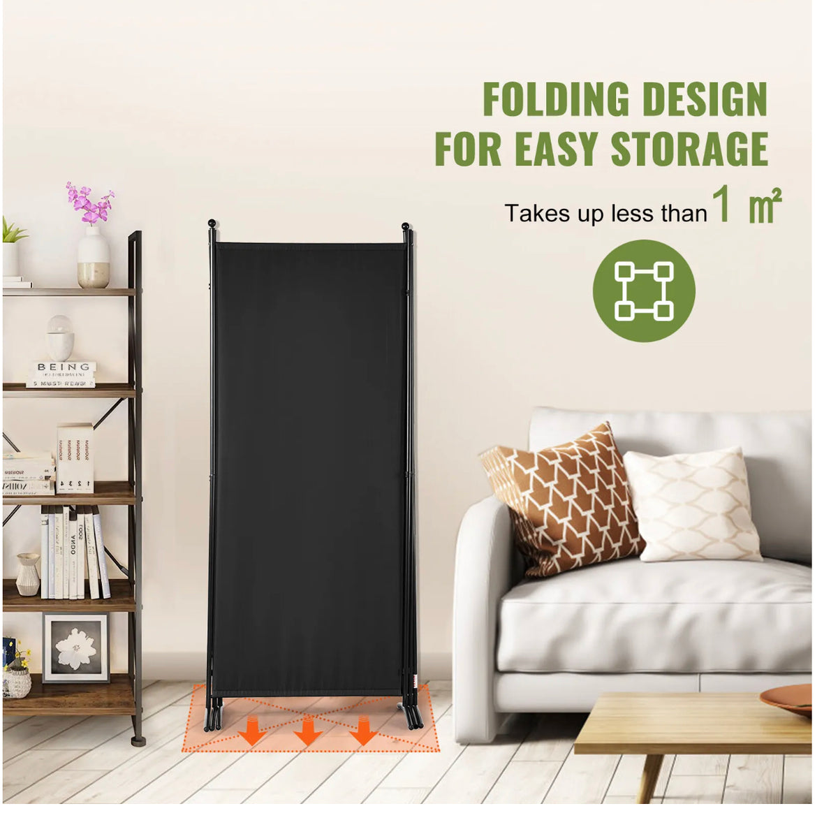 226 × 185 cm 3-Panel Black Fabric Room Divider