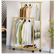 Rolling Double-Rail Bamboo Garment Rack with Lower Shelf