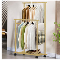 Rolling Double-Rail Bamboo Garment Rack with Lower Shelf