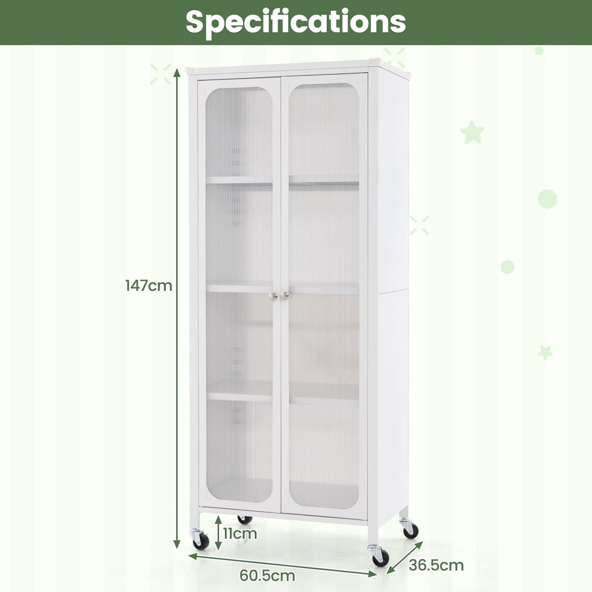 Mobile Metal Storage Cabinet with Glass Doors & 2 Adjustable Shelves