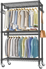Heavy-Duty Rolling Clothes Rack with Double Hanging Rods & 3 Shelves – Black