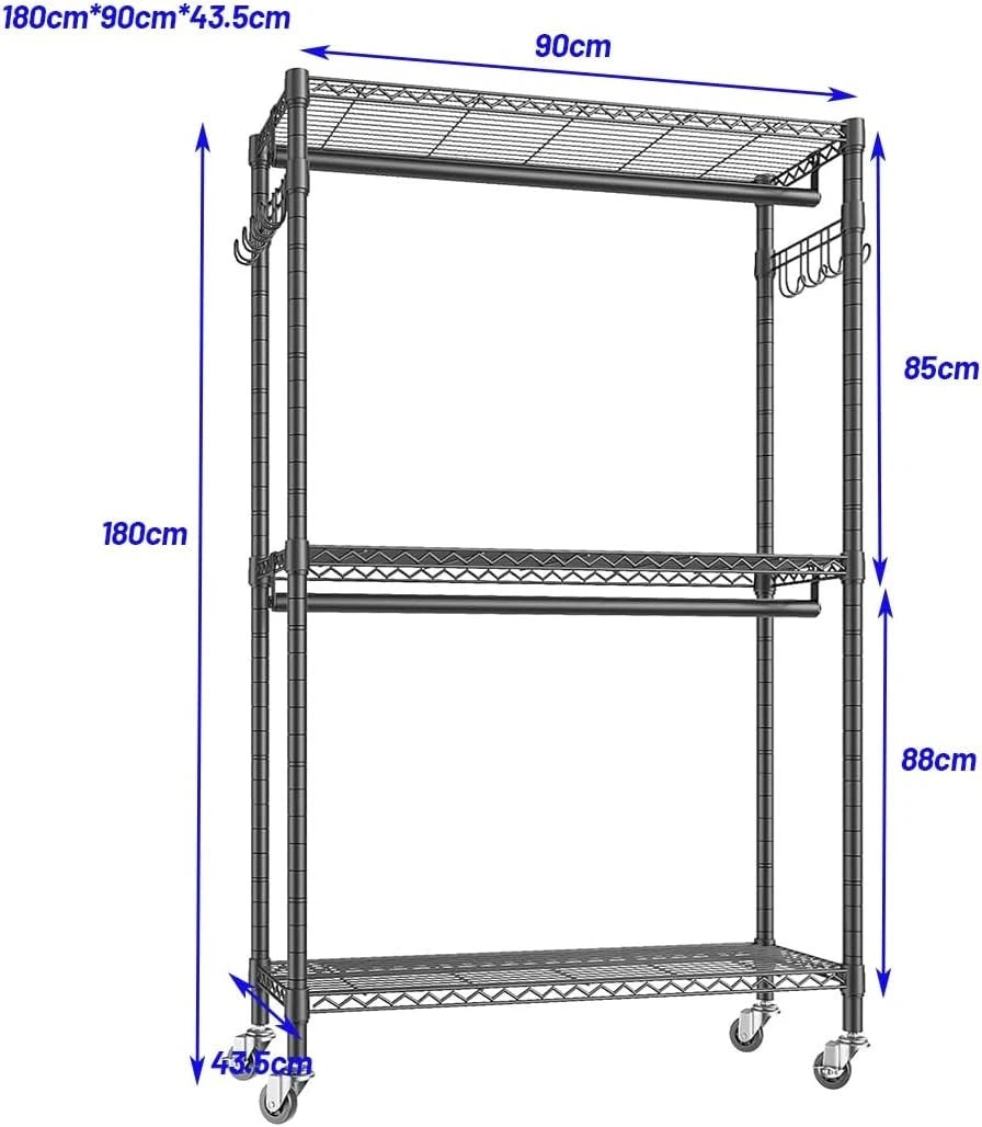 Heavy-Duty Rolling Clothes Rack with Double Hanging Rods & 3 Shelves – Black