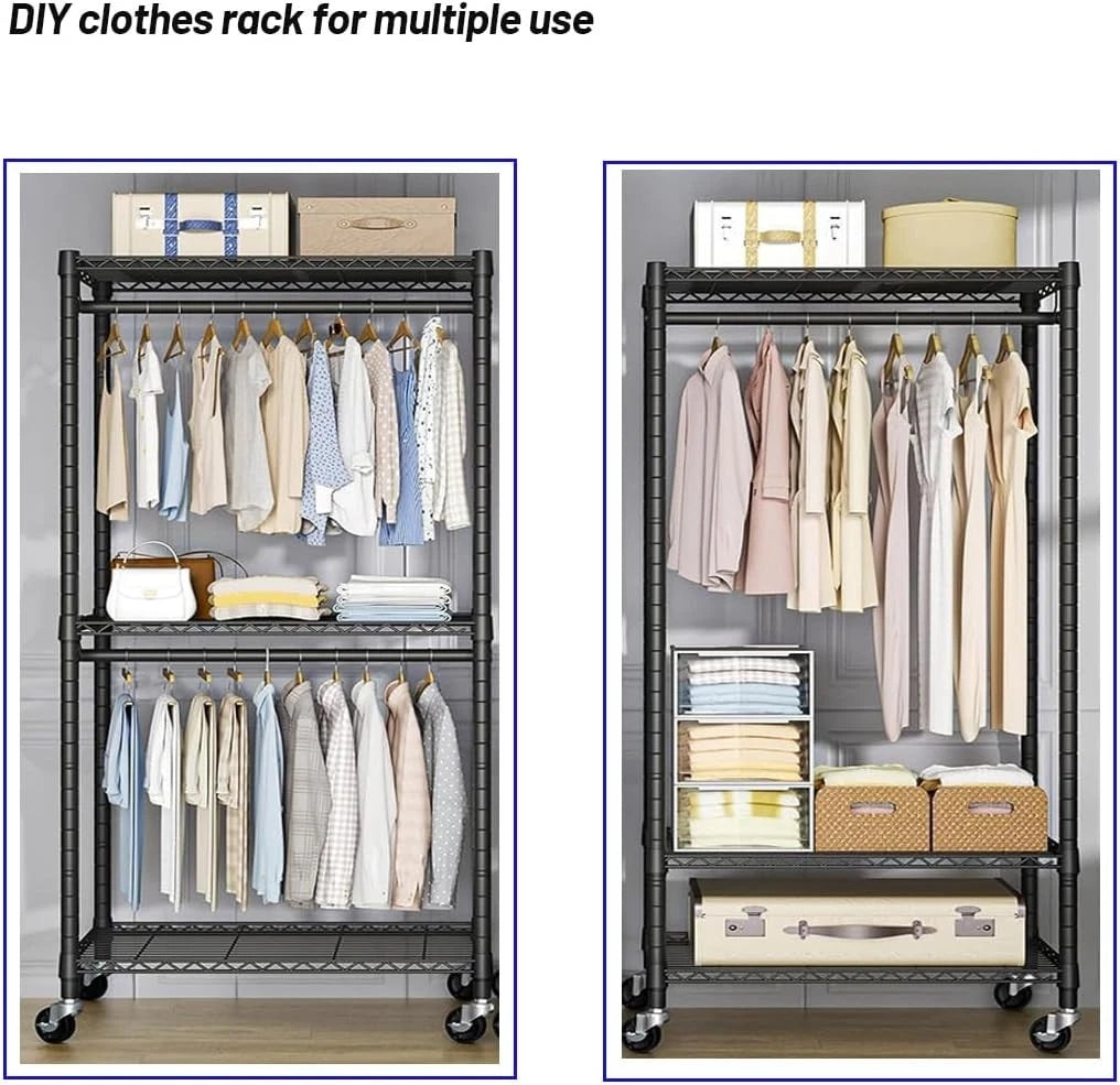 Heavy-Duty Rolling Clothes Rack with Double Hanging Rods & 3 Shelves – Black