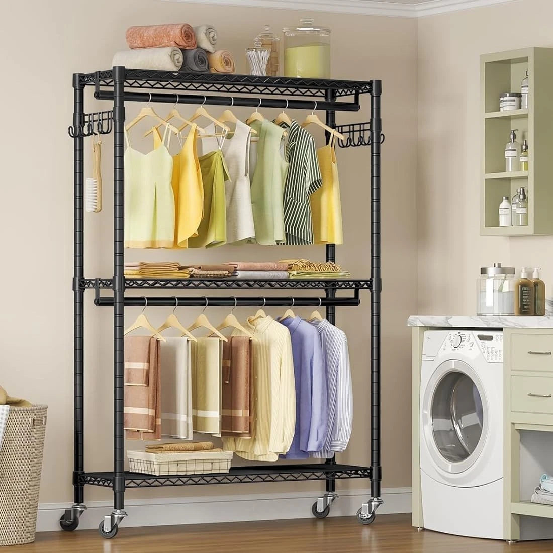Heavy-Duty Rolling Clothes Rack with Double Hanging Rods & 3 Shelves – Black
