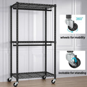 Heavy-Duty Rolling Clothes Rack with Double Hanging Rods & 3 Shelves – Black
