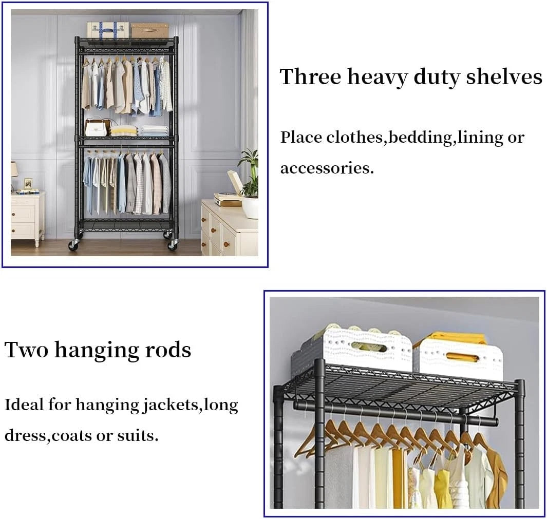Heavy-Duty Rolling Clothes Rack with Double Hanging Rods & 3 Shelves – Black