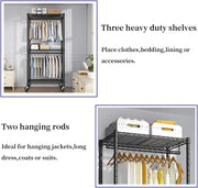 Heavy-Duty Rolling Clothes Rack with Double Hanging Rods & 3 Shelves – Black
