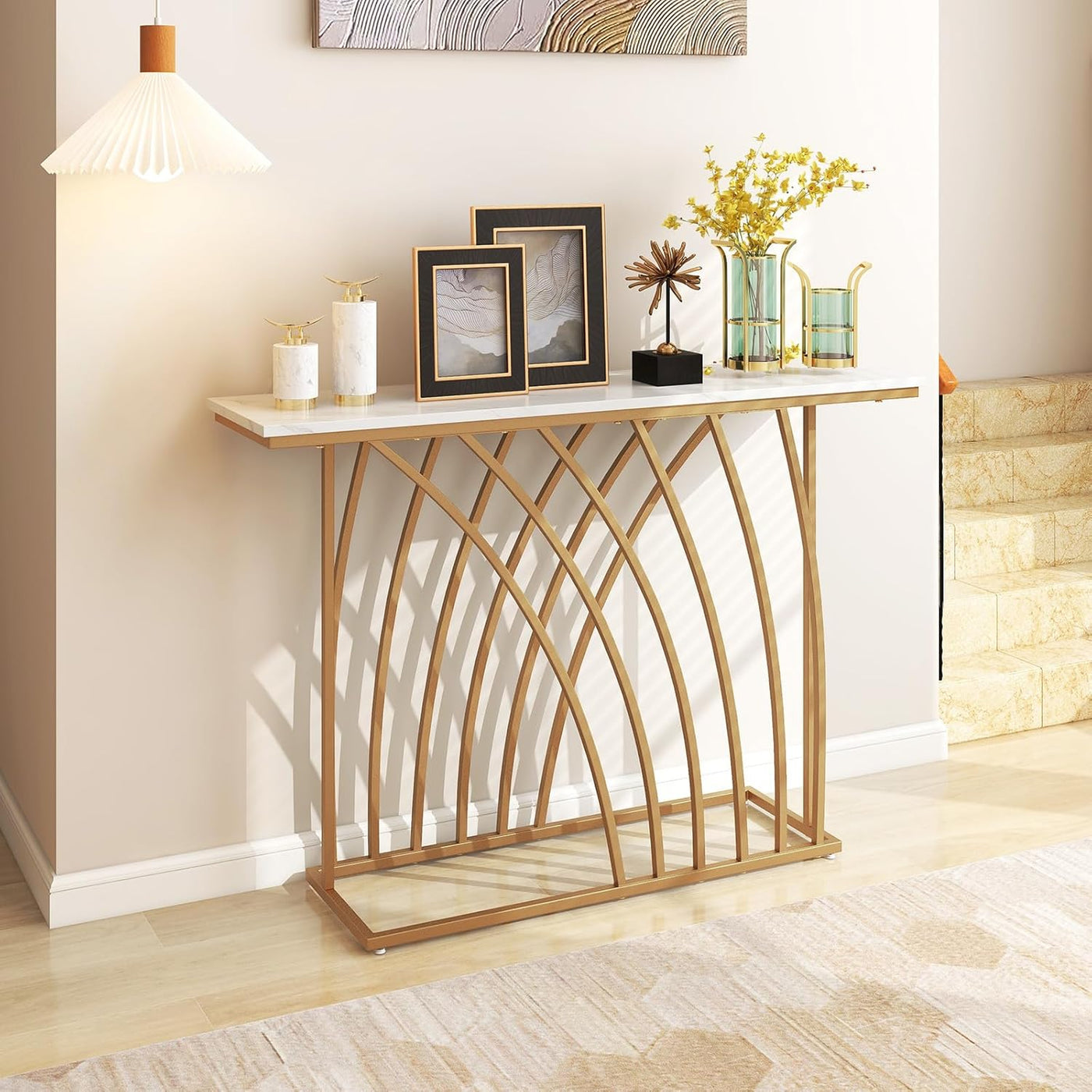 120 cm Gold & White Faux-Marble Console Table