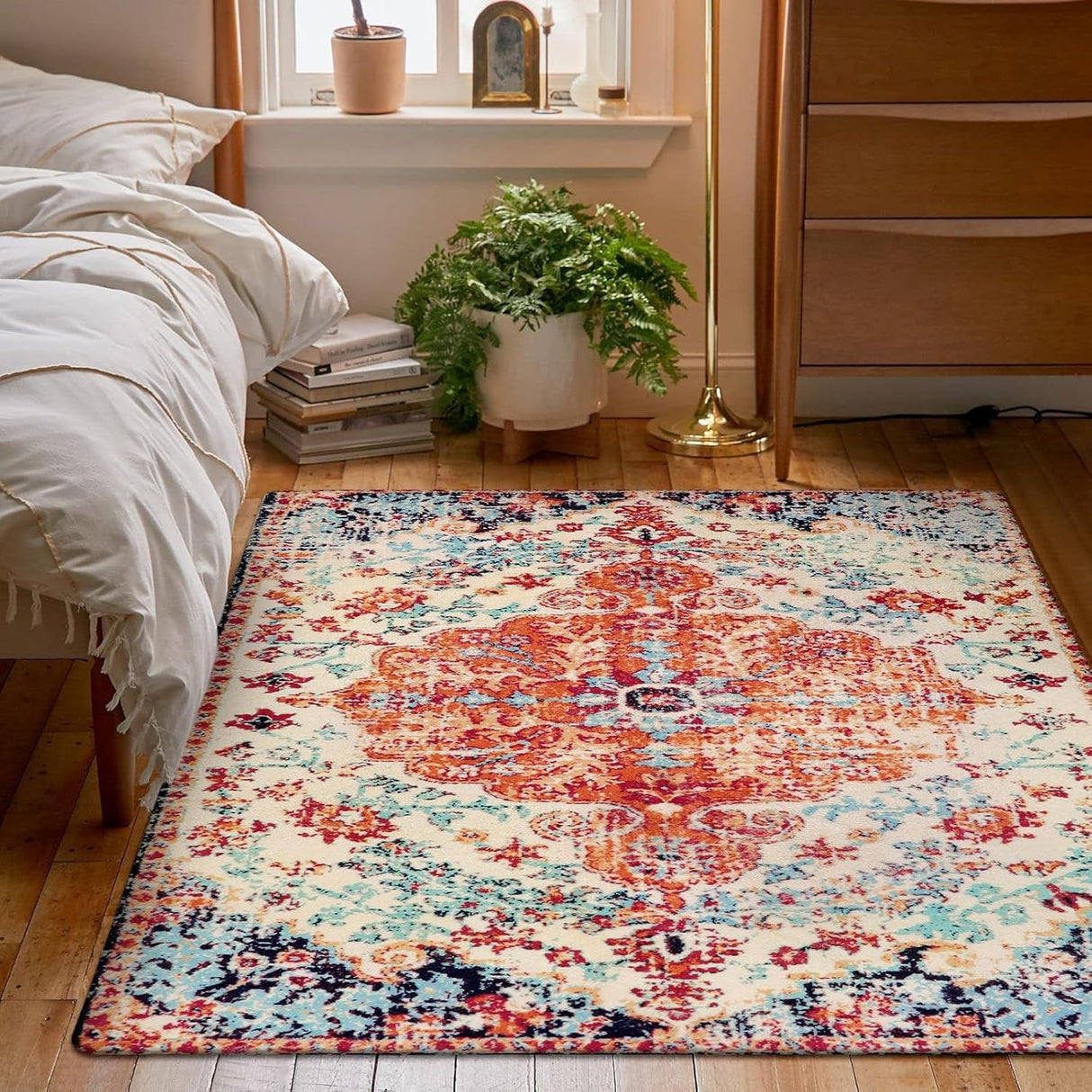 Bohemian Floral Area Rug Modern Non Slip Soft Low Profile Washable Carpet Floor Mat for Living Room/Bedroom/Dining Room for Home Decor