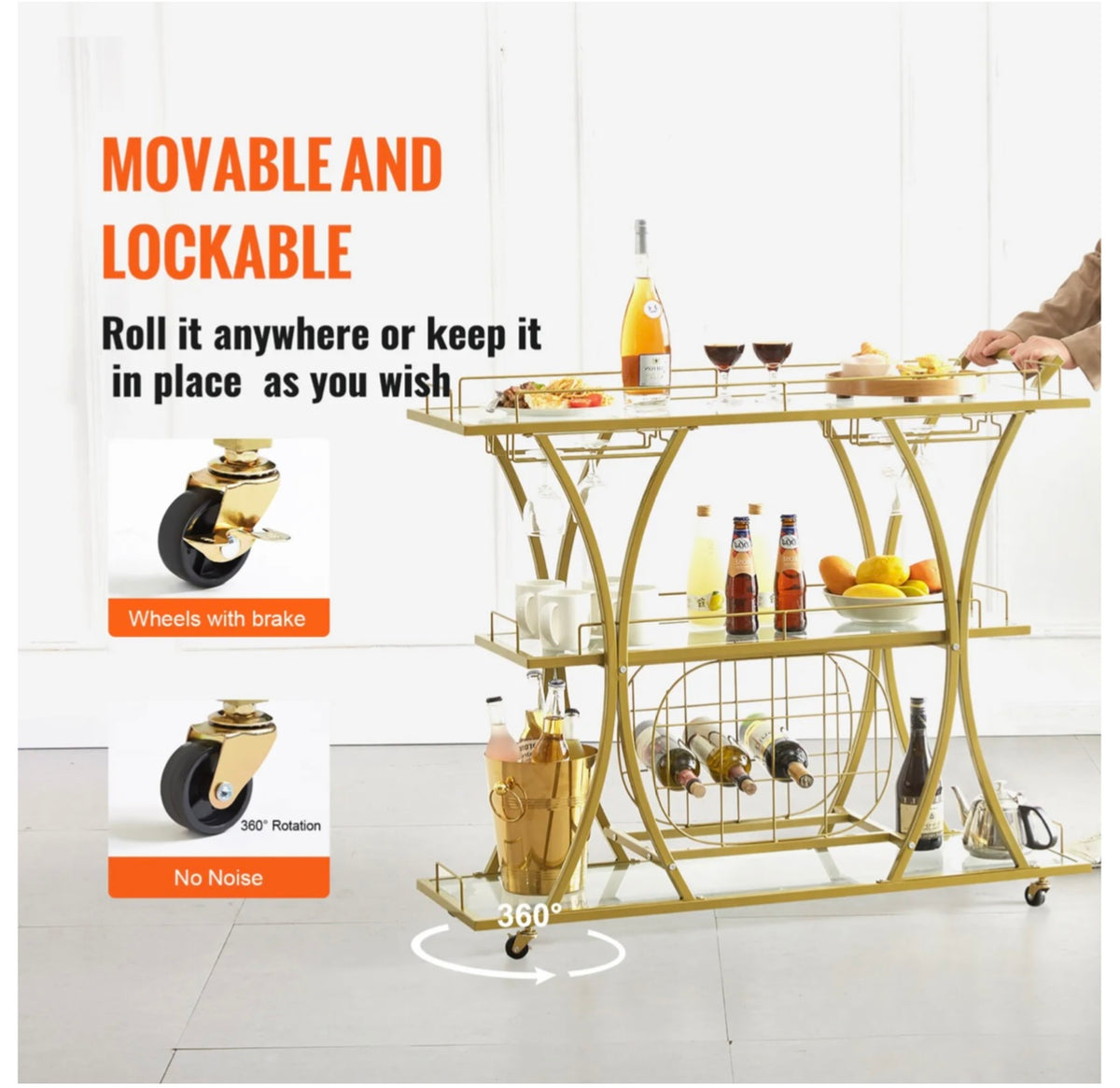 111 cm Gold 3-Tier Bar Cart with 9-Bottle Rack