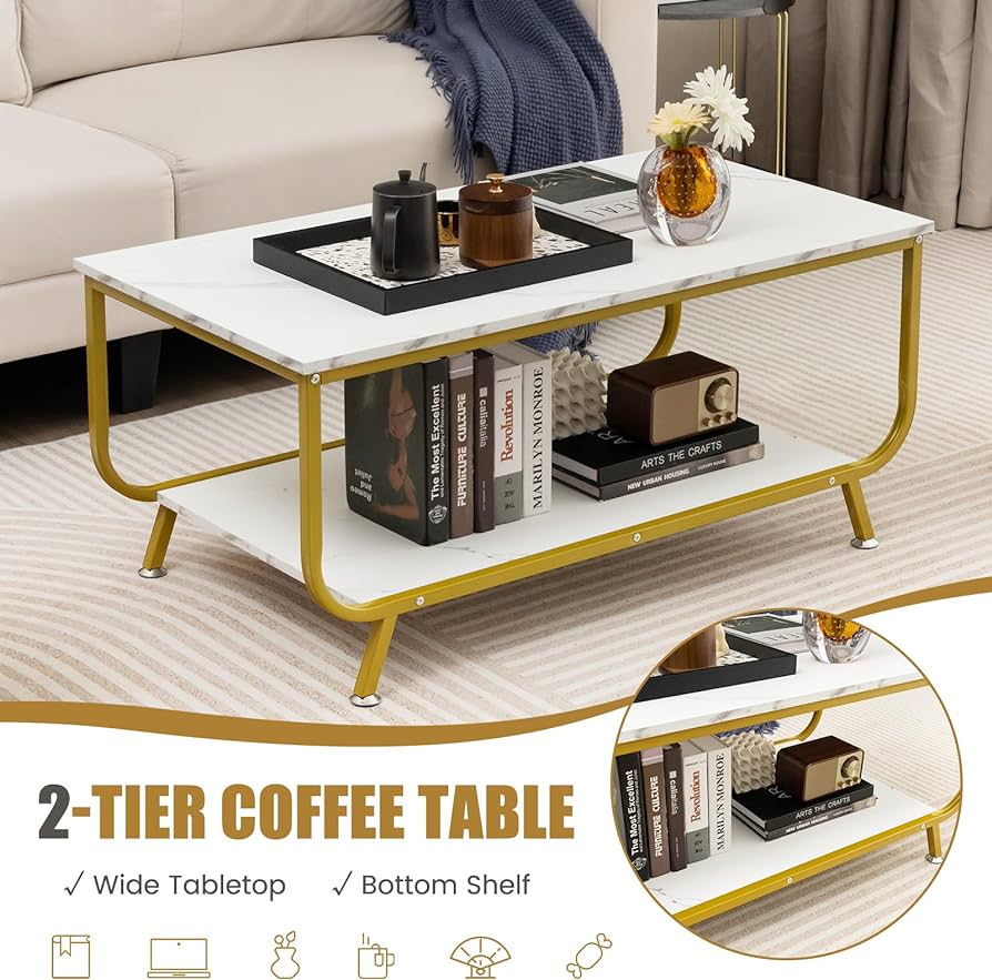 2-Tier Faux-Marble Coffee Table with Metal Frame