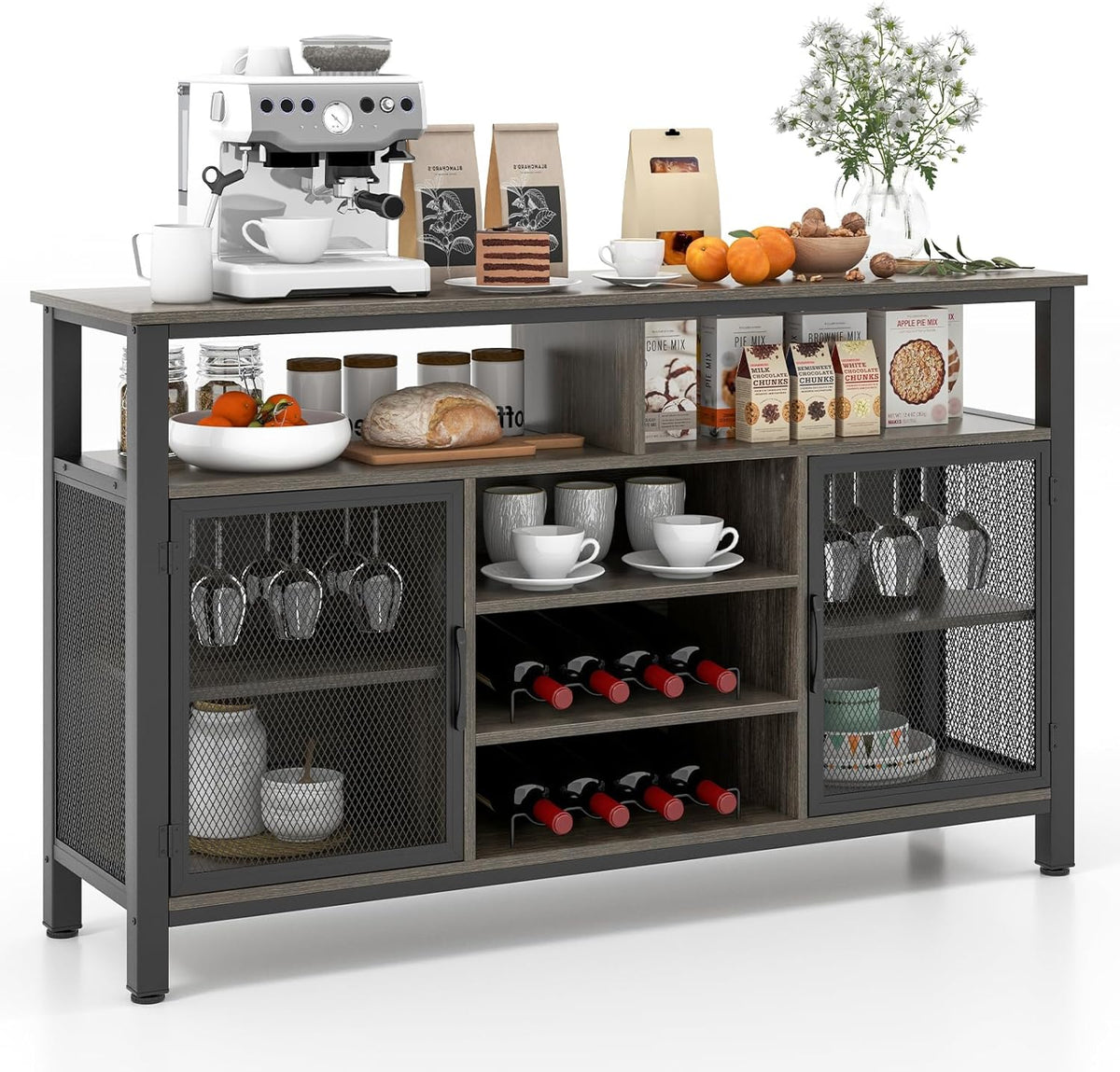 140 cm Rustic Wine Bar Cabinet with 8-Bottle Rack & Glass Holders