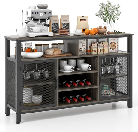 Wine Bar Cabinet, 55-Inch Buffet Sideboard with Wine Racks & Wine Glass Holders, Coffee Station Cabinet with Metal Mesh Doors, for Kitchen, Dining Room (Rustic Brown + Black)