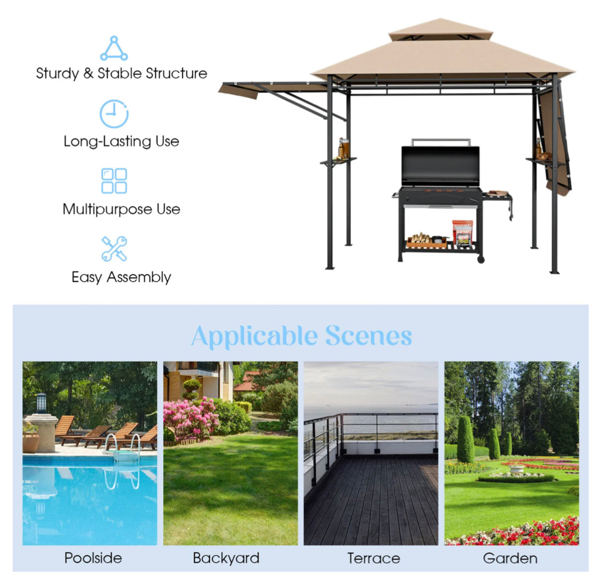 Outdoor BBQ Grill Gazebo with Adjustable Side Awnings & Shelves