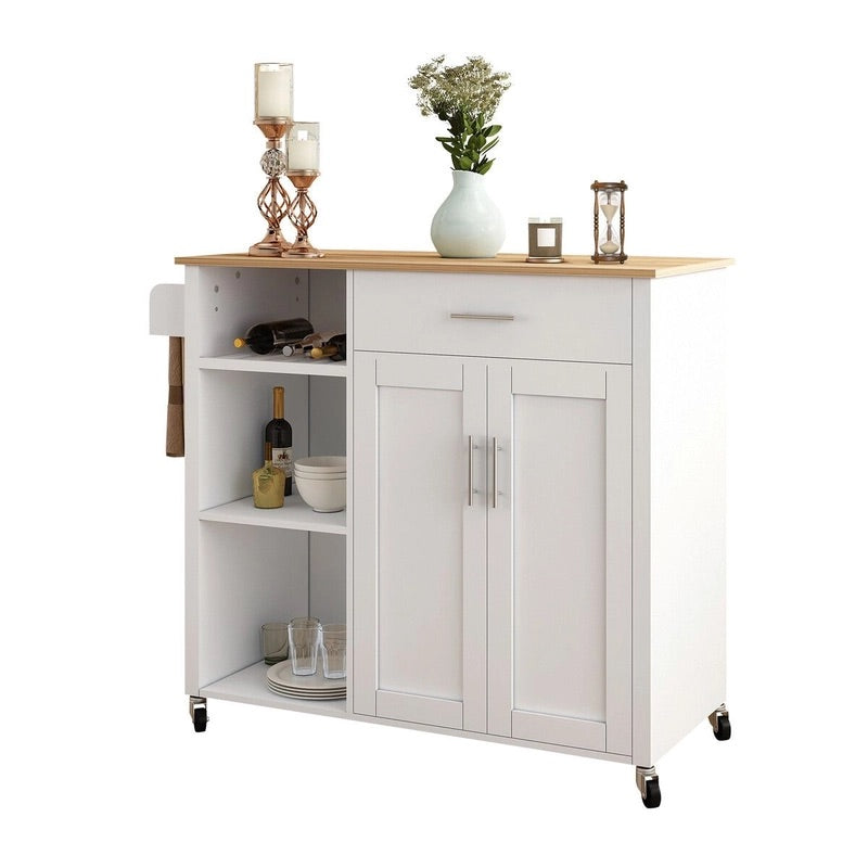 107 cm Rolling Kitchen Island with Wine Rack & Cabinet