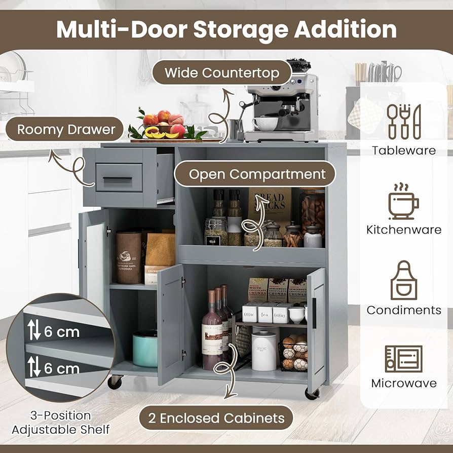 Grey Rolling Kitchen Island with Drawer & Glass-Door Cabinet