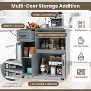 Grey Rolling Kitchen Island with Drawer & Glass-Door Cabinet