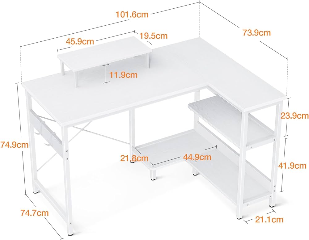 100 cm Reversible L-Shaped Desk with Shelves & Monitor Stand