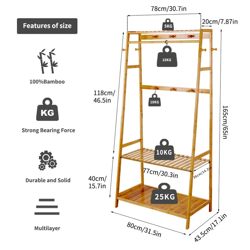 165cm Bamboo Garment Rack with 3 Shelves & 10 Hooks