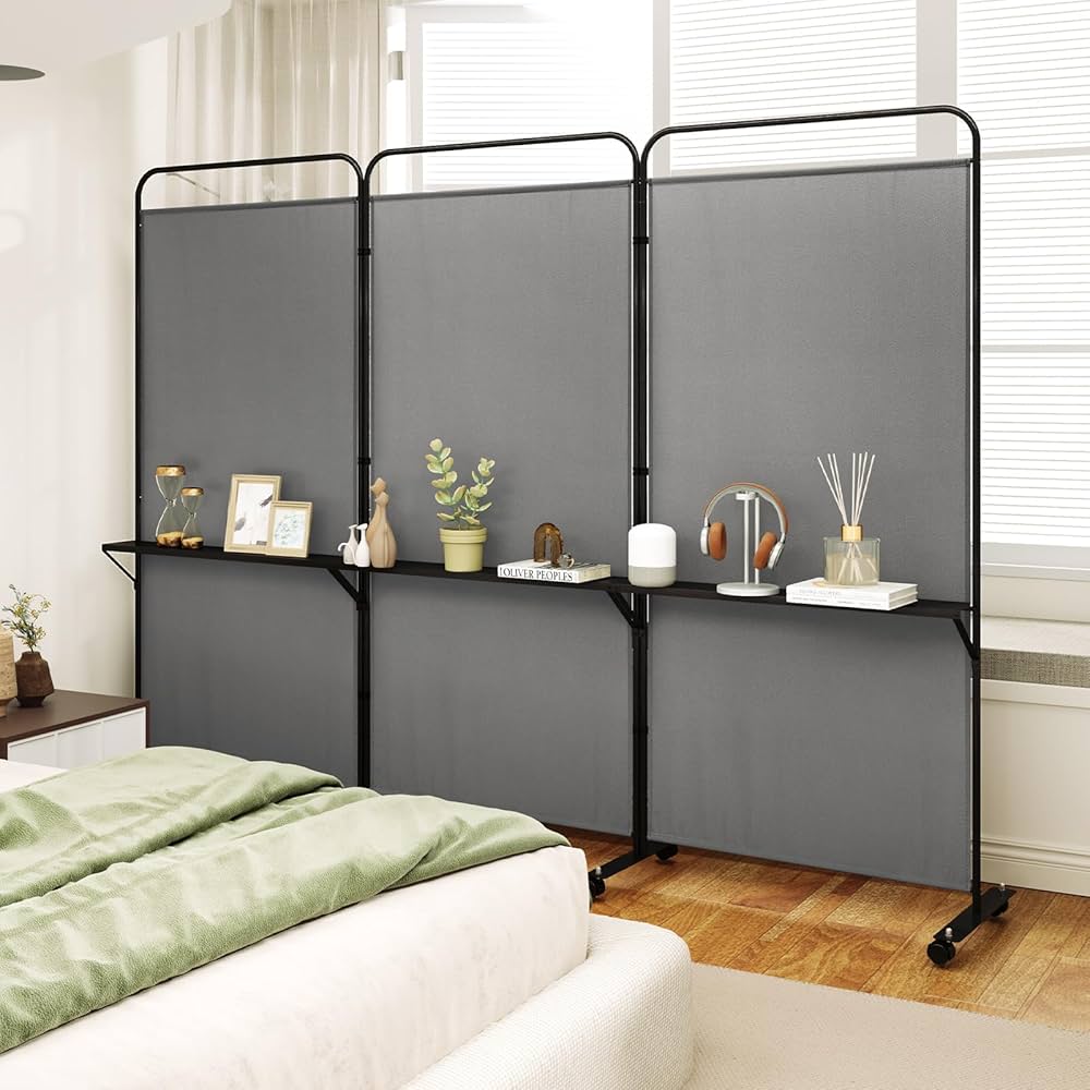188cm Rolling 3-Panel Room Divider with 3 Shelves – 3 Colours