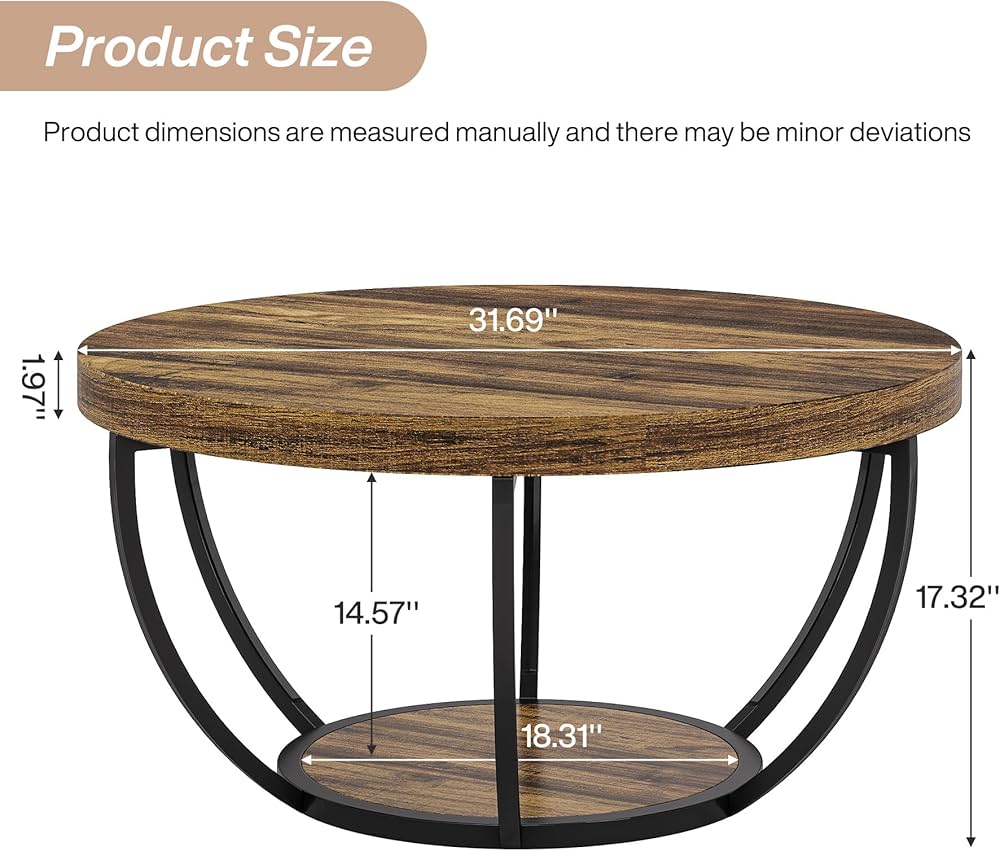 31.7" Round Coffee Table, Industrial 2-Tier Circle Coffee Table with Storage Shelves, Modern Wooden Accent Center Table Sofa Side Table for Living Room, Home Office, Wooden Grain