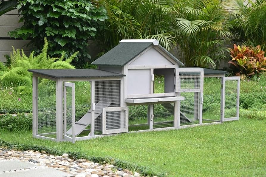 Grey Wooden Rabbit Hutch with Double Run