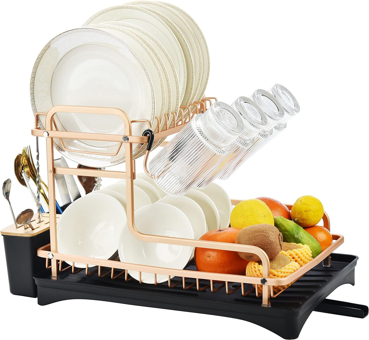 Aluminum Dish Drying Rack, Never Rust Dish Rack with Removable Cutlery Holder &Cup Holder, Unique 360° Swivel Spout Drain Board, Rose