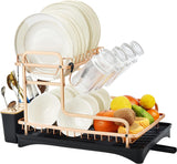 Aluminum Dish Drying Rack, Never Rust Dish Rack with Removable Cutlery Holder &Cup Holder, Unique 360° Swivel Spout Drain Board, Rose