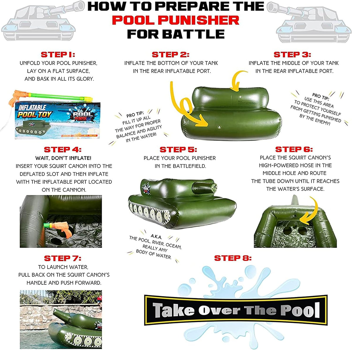 Pool Punisher Inflatable Toy Tank with Squirt Gun- Swimming Accessories for Kids, Teens and Adults - Giant Size Outdoor Water Toys for Lakes and Beach - Swim Stuff for Summer
