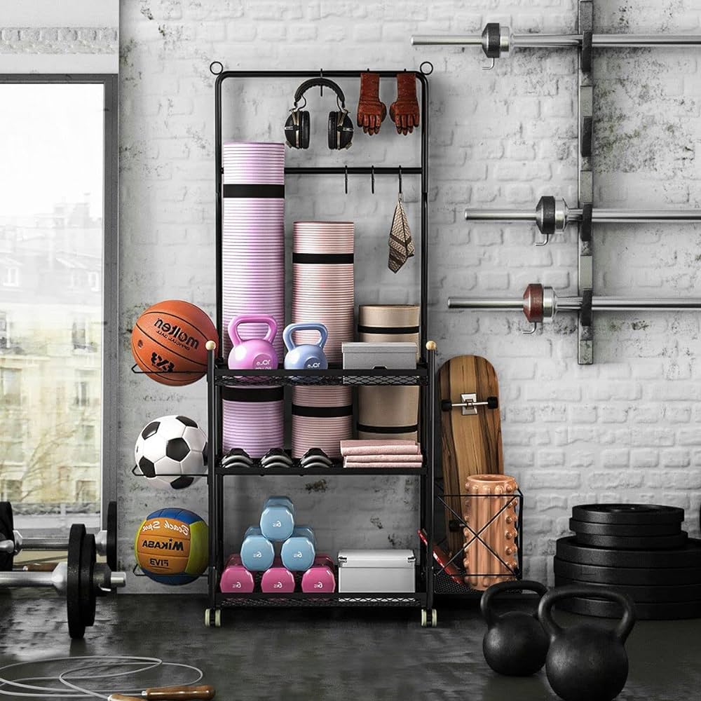 Yoga Mat Storage Rack Weight Dumbbell Kettlebell Shelves Shelf Garage Racking Holder Steel Stand Gym Organizer with Hooks Wheels
