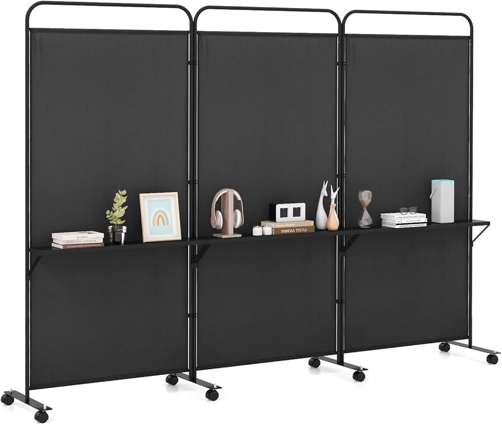 188cm Rolling 3-Panel Room Divider with 3 Shelves – 3 Colours