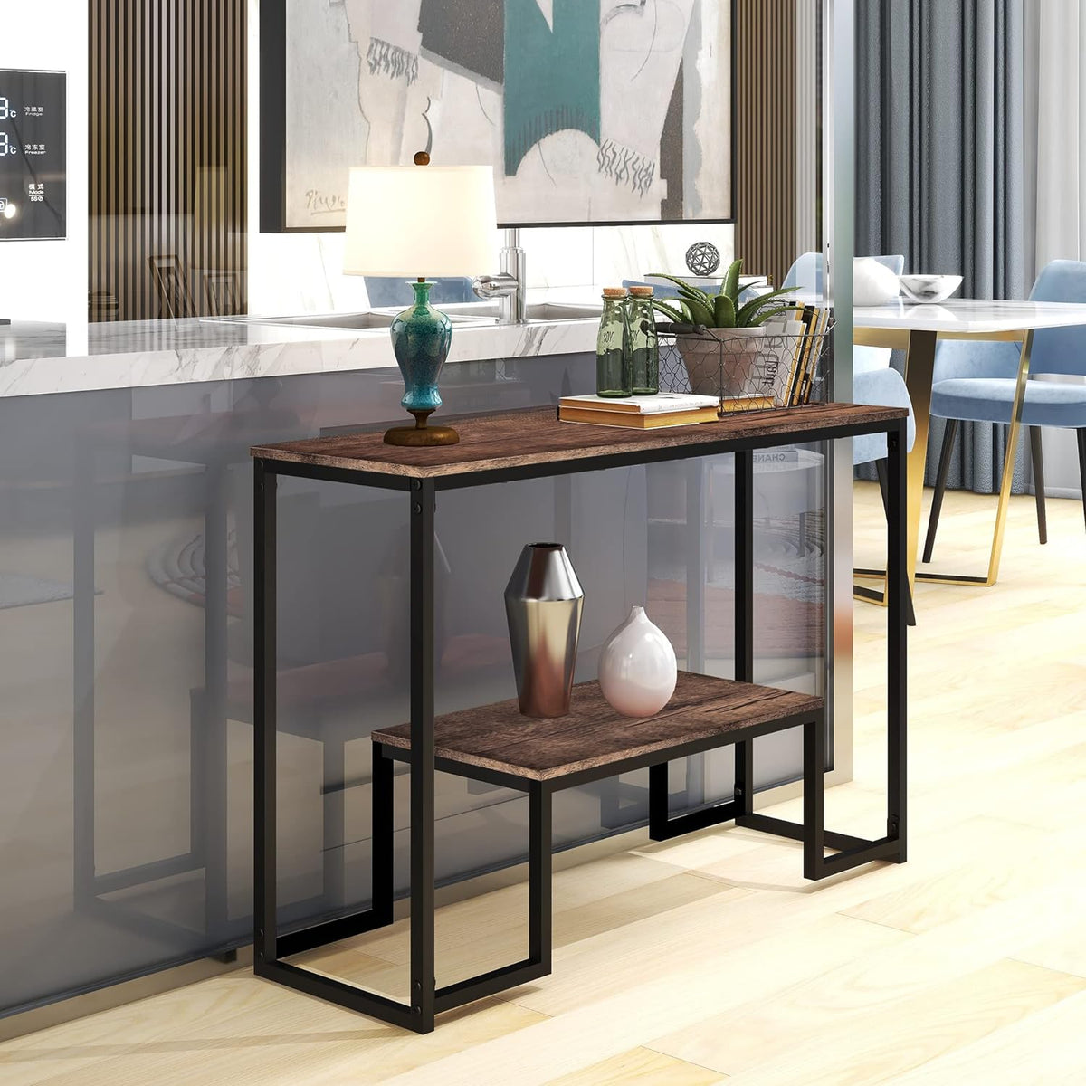 Narrow 2-Tier Industrial Console Table