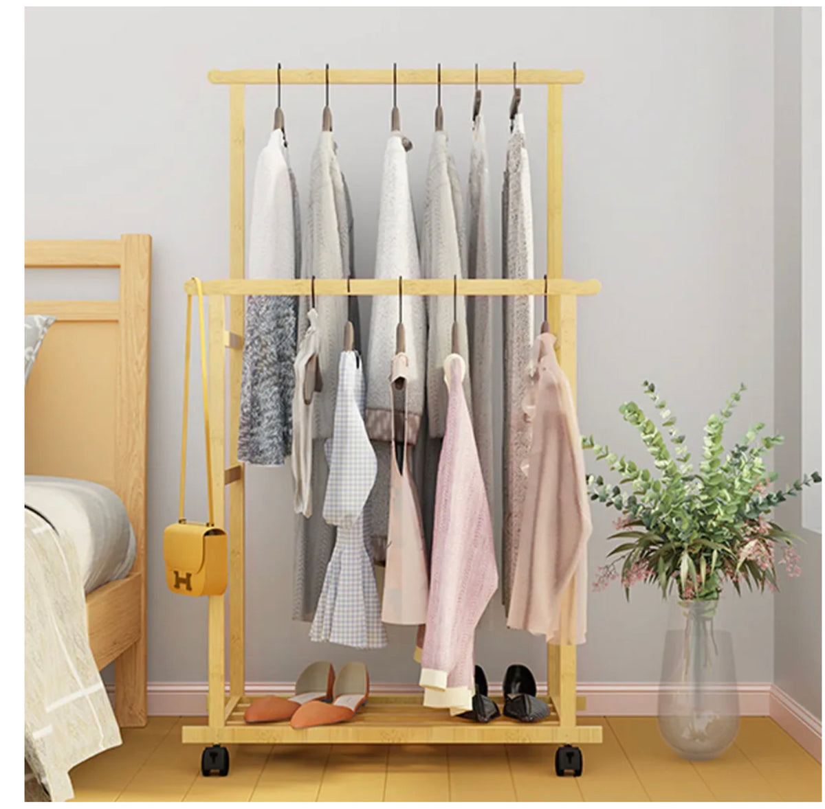 Rolling Double-Rail Bamboo Garment Rack with Lower Shelf