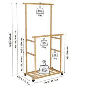 Rolling Double-Rail Bamboo Garment Rack with Lower Shelf