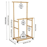 Rolling Double-Rail Bamboo Garment Rack with Lower Shelf