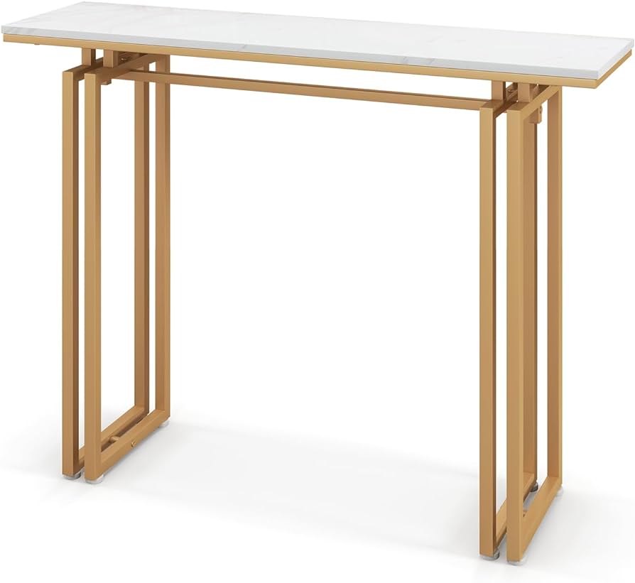 110cm Console Table, Faux Marble Sofa Table w/Sturdy Metal Legs, Adjustable Feet, Modern Entryway Table, Perfect for Foyer, Living Room, Hallway (Gold)