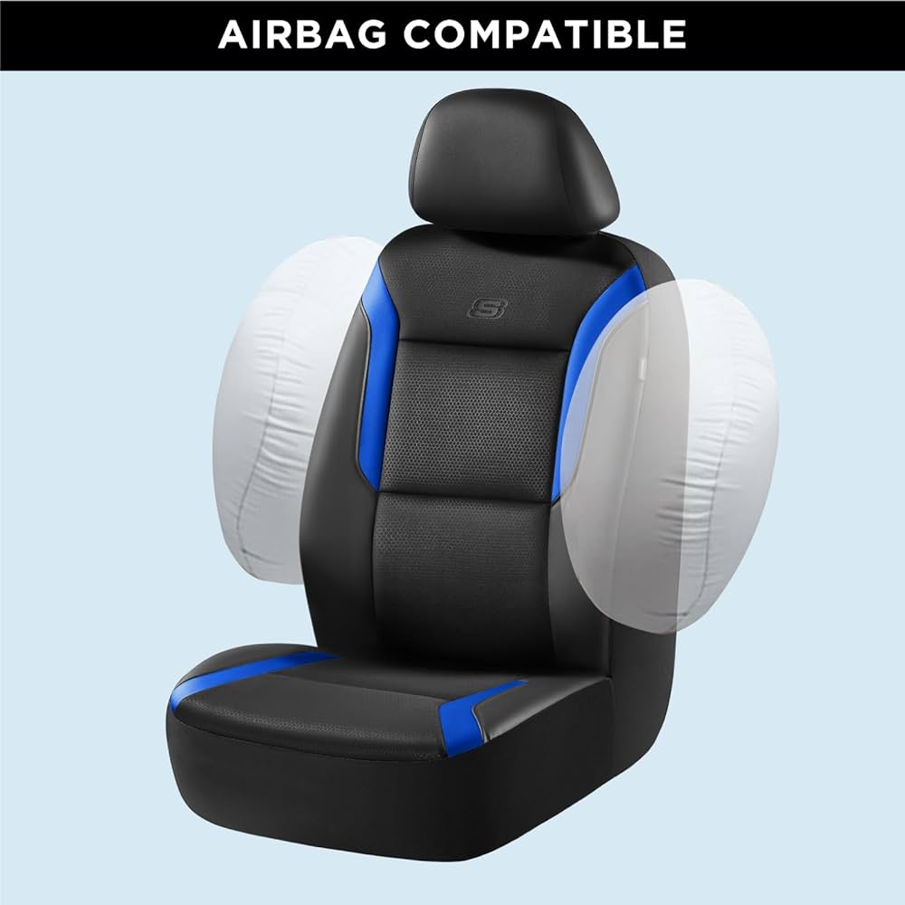 Memory Foam Car Seat Covers, Leather & Mesh Thick Protection, Black Front Cover, Airbag Compatible, Automotive Comfort & Protection for Most Cars, Trucks, SUVs, Black & Memory Foam (SK01055)