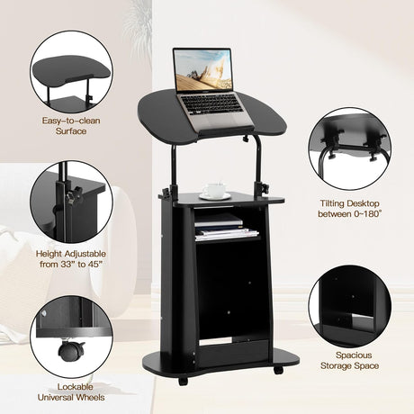 Mobile Podium Stand, Portable Height Adjustable Lectern Podium Stand with Tilting Desktop & Storage, Standing Laptop Desk with Wheels, Podium Stand for Classroom Home Office