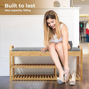 3-Tier Bamboo Shoe Bench with Cushion & Drawer – 150 kg