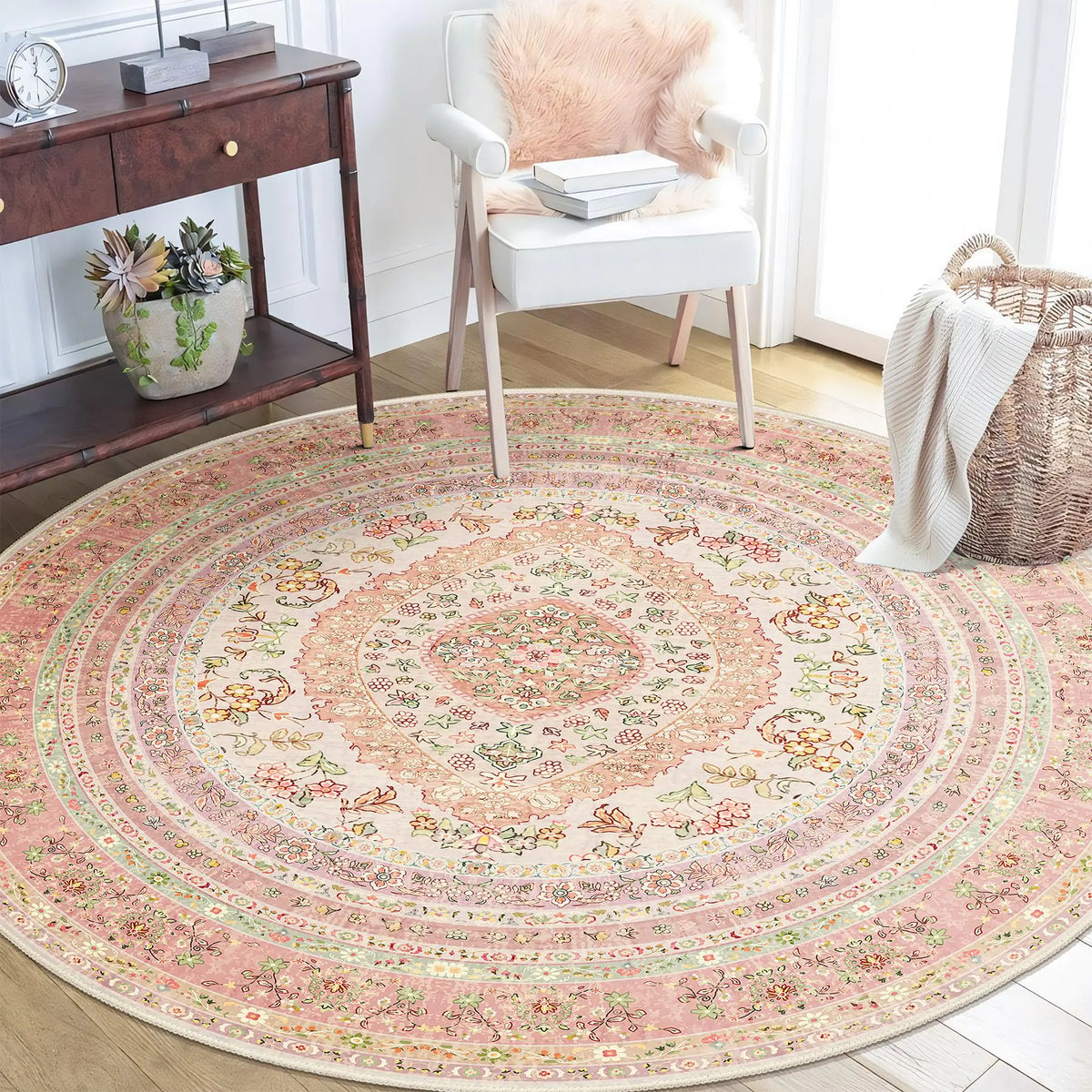 5 ft Round Blush-Pink Boho Floral Washable Rug