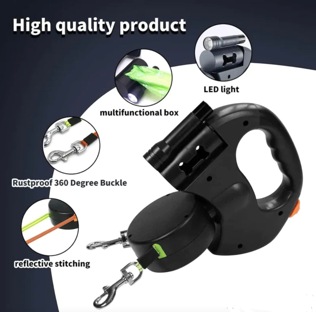 Dual Retractable Dog Leash with 360° Rotating Coupler – 2 Colours