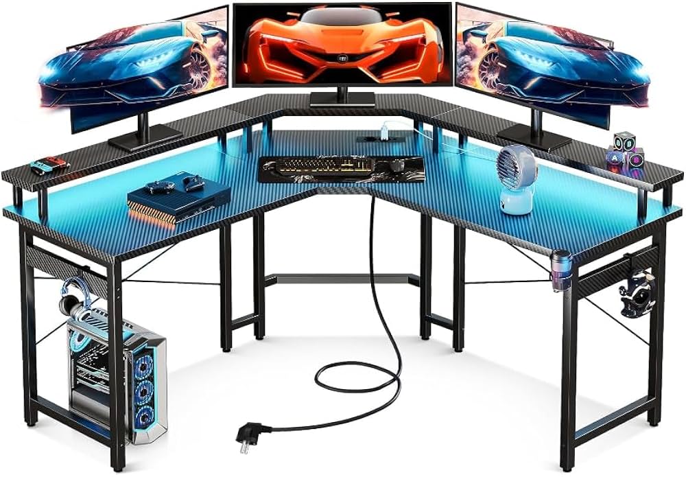 ODK L-Shaped Gaming Desk with LED Lights & USB Charging