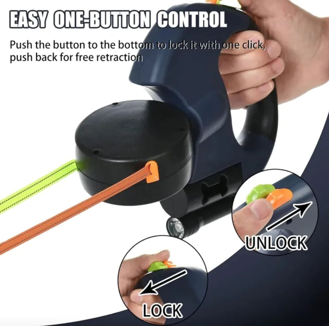 Dual Retractable Dog Leash with 360° Rotating Coupler – 2 Colours