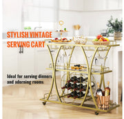 111 cm Gold 3-Tier Bar Cart with 9-Bottle Rack