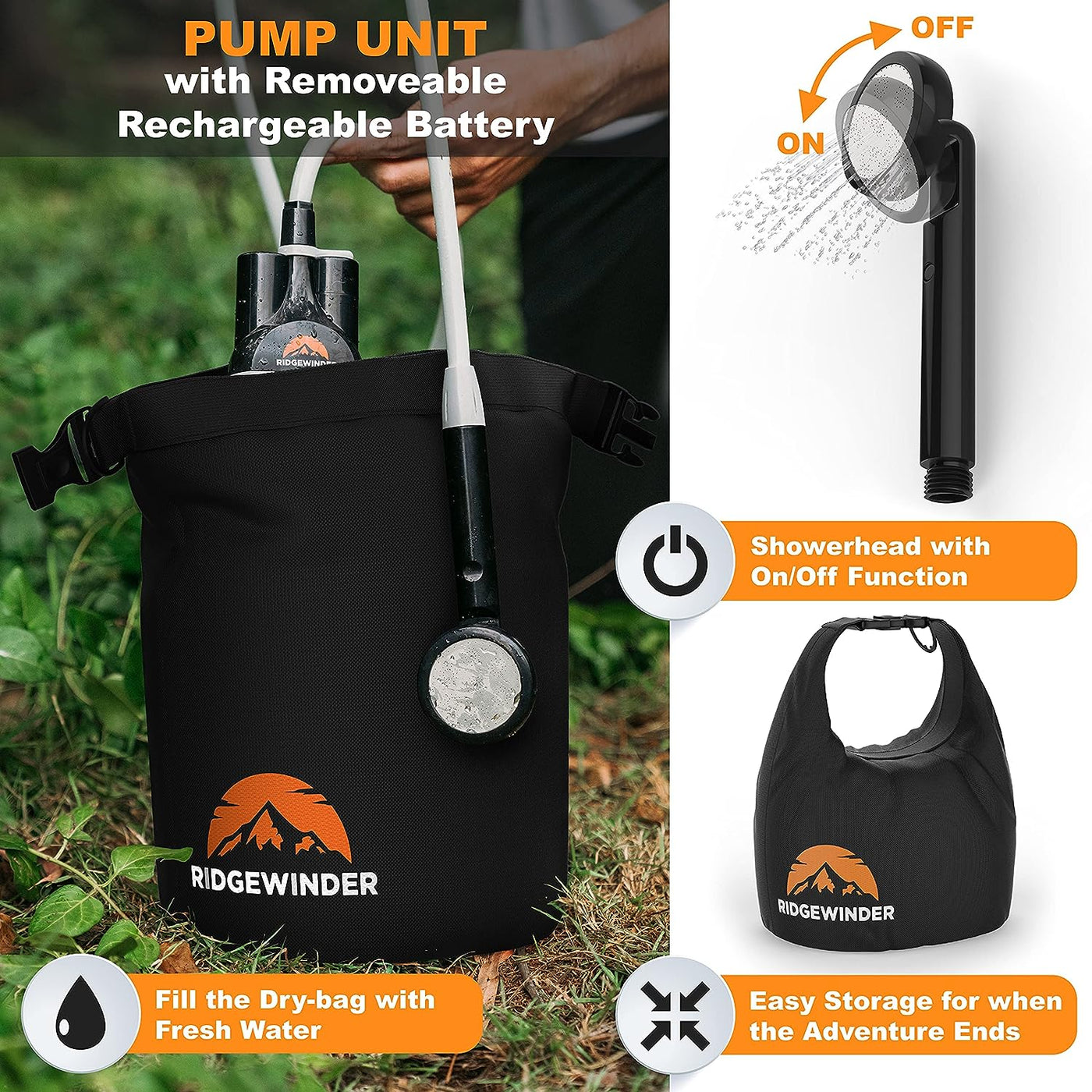 Rechargeable Camping Shower Kit with 10 L Dry Bag