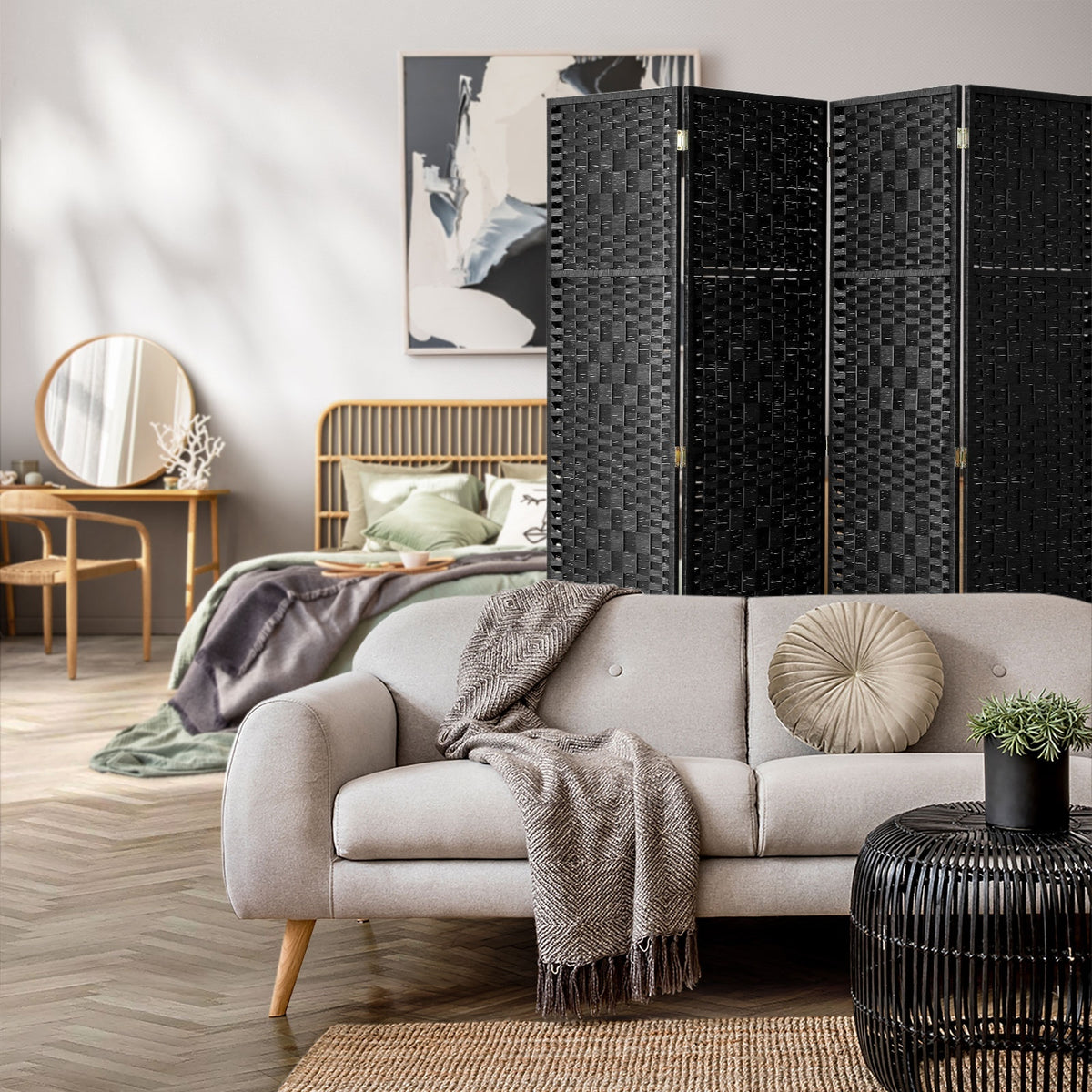 Pine & Woven-Rattan Folding Room Divider – 4, 6 or 8 Panels