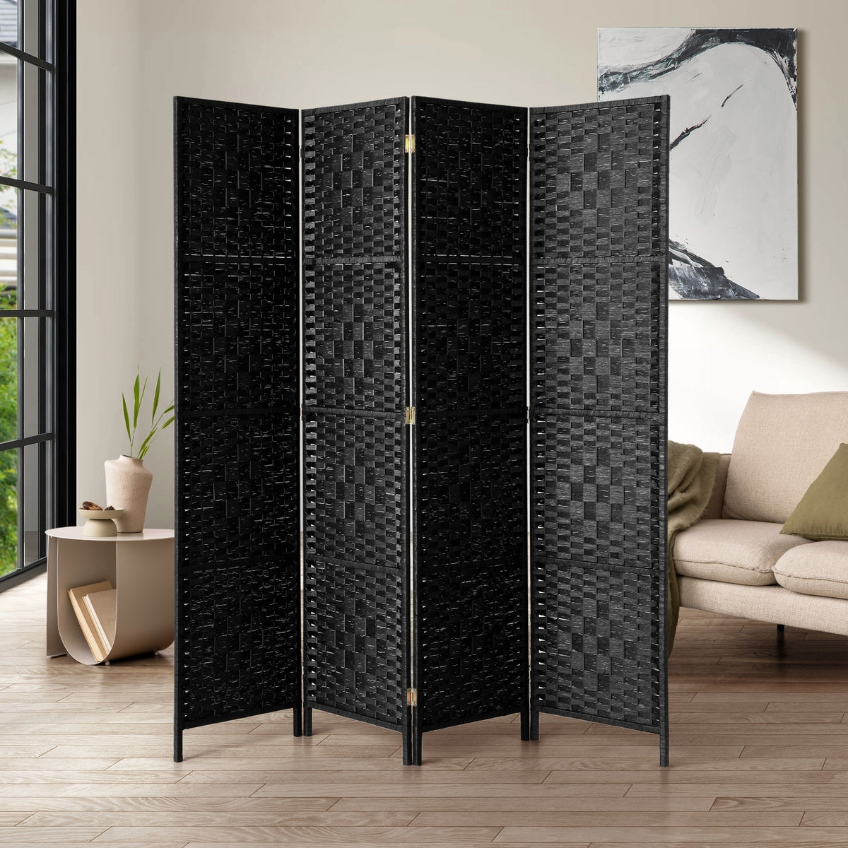Pine & Woven-Rattan Folding Room Divider – 4, 6 or 8 Panels